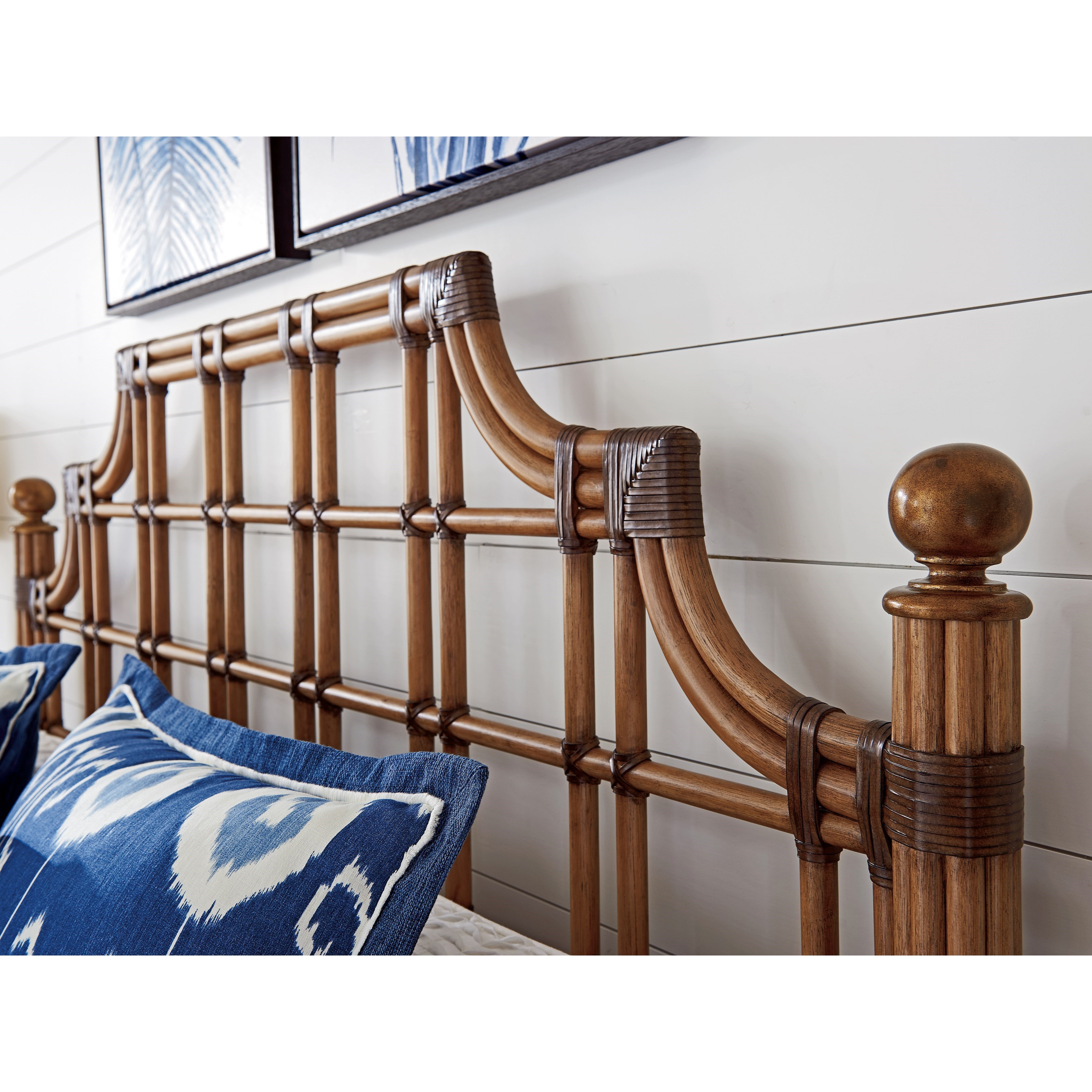 Tommy Bahama Home Twin Palms 558 143C St. Kitts Woven Rattan Bed Queen Size with Leather Wrappings and Brass Finials Belfort Furniture Bed Headboard Footboard